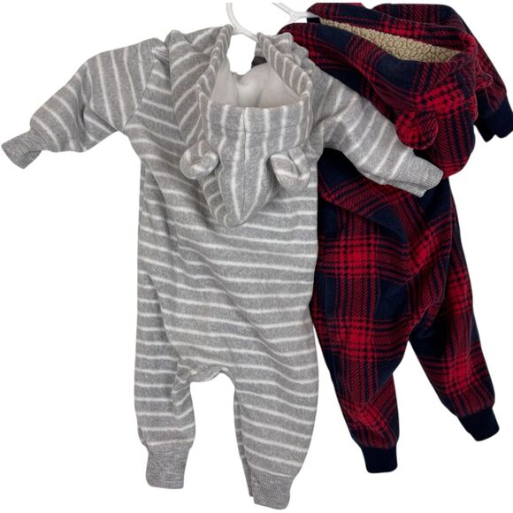 Carter's Fleece Bear Ear Footless Suits Red Blue Plaid Gray Striped 3 Months - Picture 4 of 7